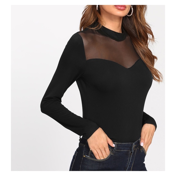 Black Long Sleeve Mesh Neckline Solid Tee - Picture 3 of 6